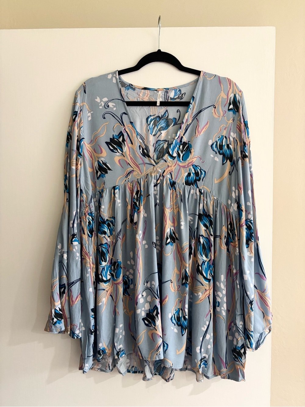 Free People Blue Floral V-Neck Tunic Top
